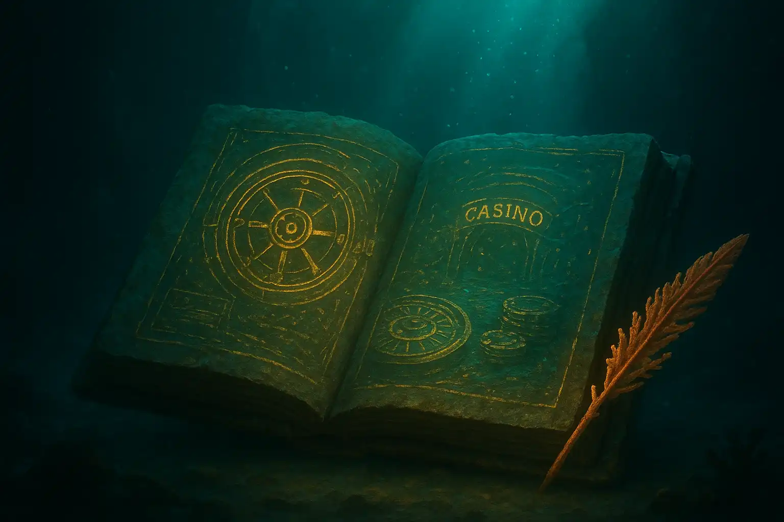 An open ancient tome reviewing a sunken casino vault, glowing with gold ink and teal bioluminescent light