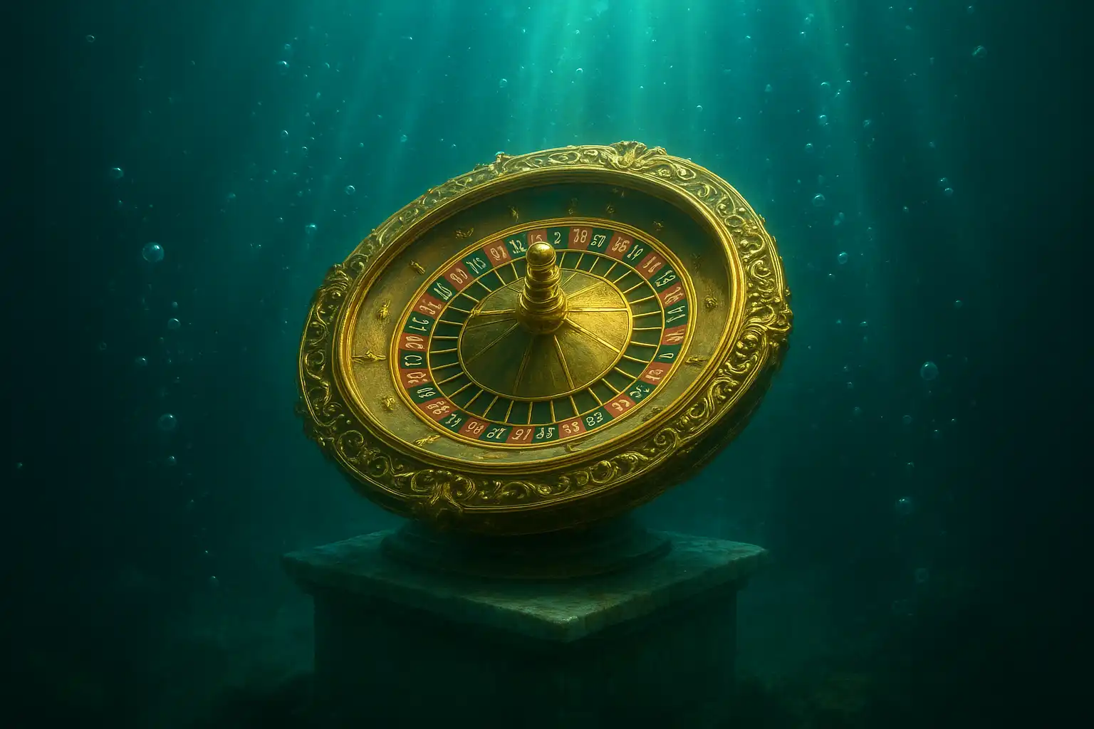 An ornate golden roulette wheel on a sunken marble pedestal, glowing with teal bioluminescent light