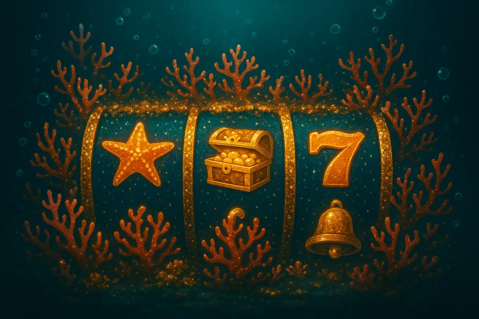 A glittering wall of glowing slot machine reels encrusted with coral and gold underwater